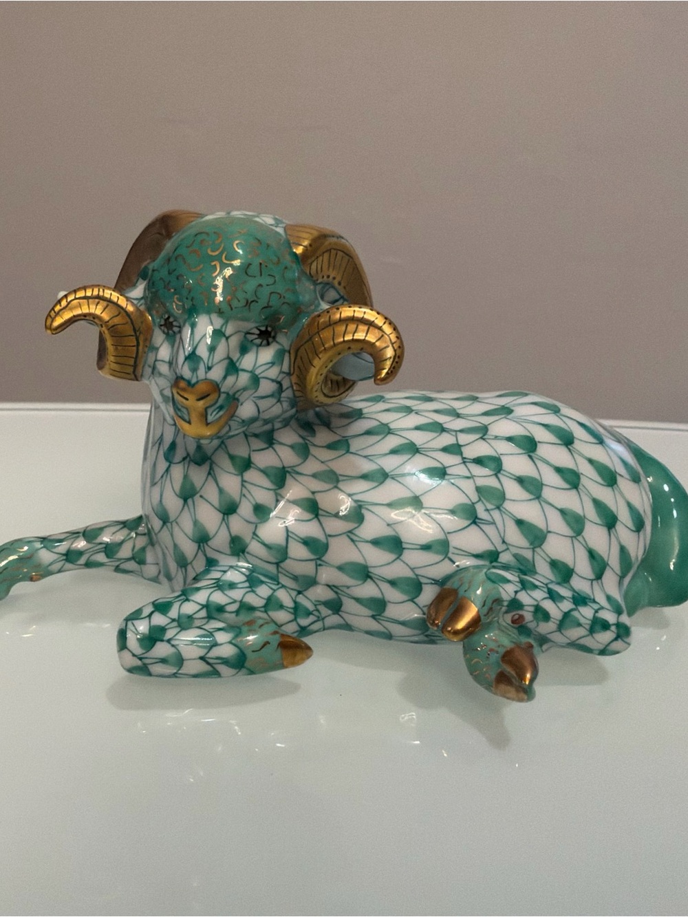 Herend Green and Gold Porcelain Ram Figurine